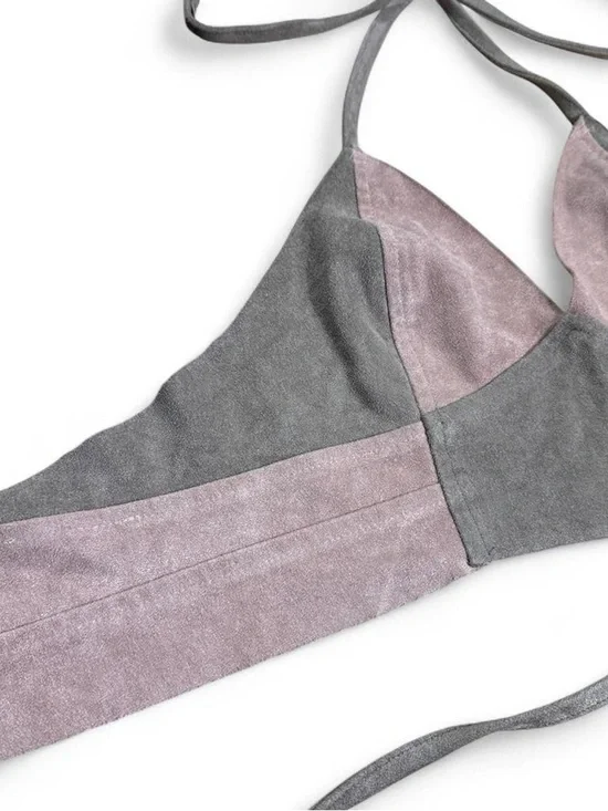 Cotton Candy Gray & Mauve Two-Tone Triangle Halter Bikini Top - Picture 2 of 4